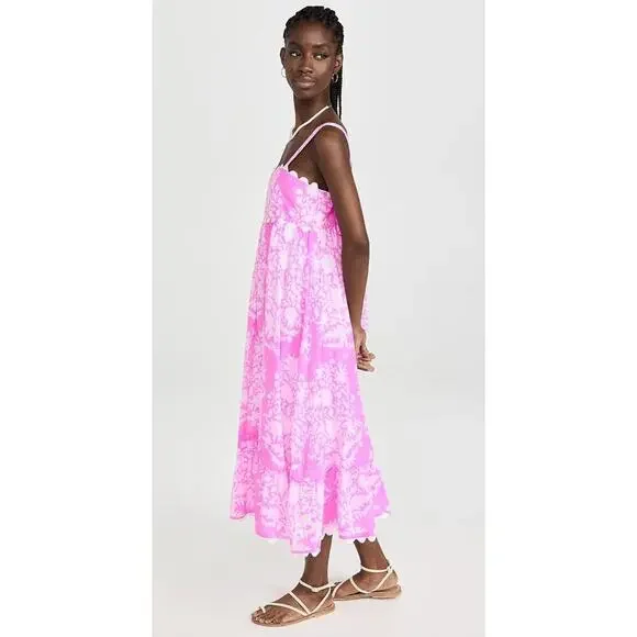 Juliet Dunn Square Neck Palladio Print Cotton Midi Dress Pink White Orchid - Picture 5 of 11